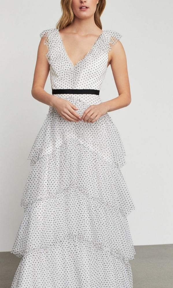 BCBG Flocked Dot Ruffle Shoulder Gown